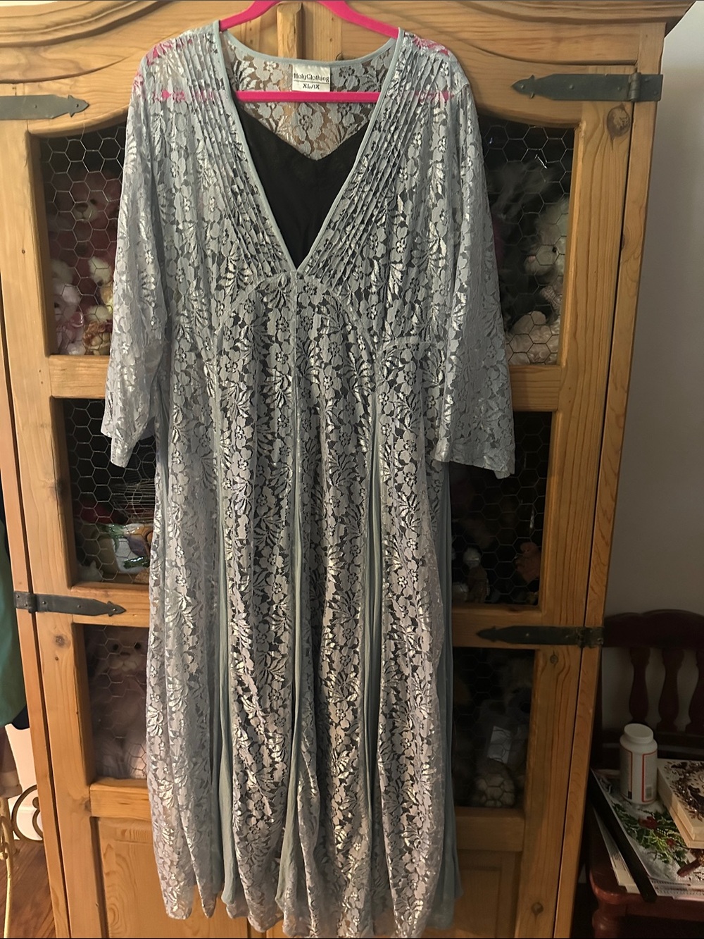 Holy Clothing Silver Lace V-Neck Long Sleeve Maxi Dress